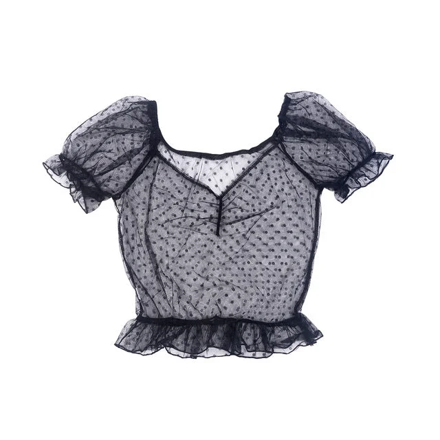 Puff Sleeve Sexy Sweet Women Mesh See-through Shirt Transparent Polka Dot Blouse Crop Tops