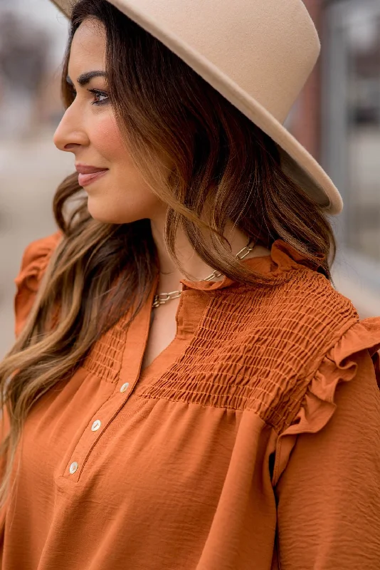 Ruched Ruffle Shoulder Blouse