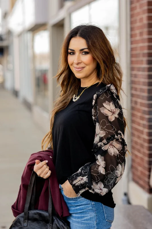 Sheer Floral Ruffle Sleeve Blouse