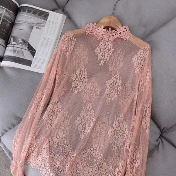 Spring Summer Women Lace Blouses Shirt Women Ruffled Tops Sexy Mesh Blouses See-through Long Sleeve Black Dot Star Shirt Blouse