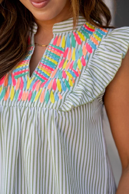 Striped Embroidered Top Ruffle Blouse