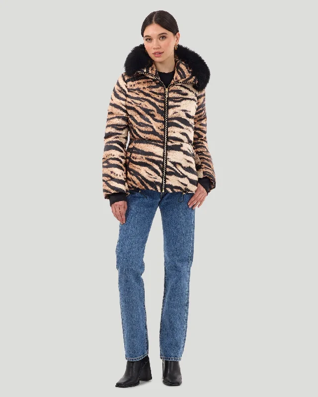 Printed Après-Ski Jacket with Detachable Toscana Shearling Lamb Hood Trim