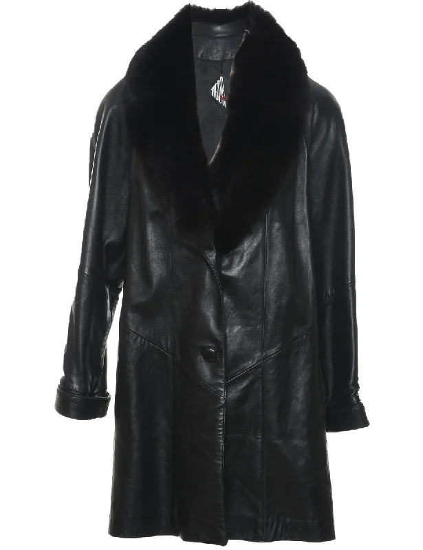 Faux Fur Trim Black Leather Jacket - L