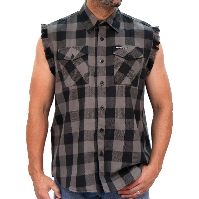 Hot Leathers FLM5203 Men's No Sleeve Fringe Grey and Black Flannel Shirt