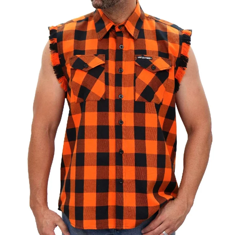 Hot Leathers FLM5210 Men's No Sleeve Fringe Orange and Black Flannel Shirt