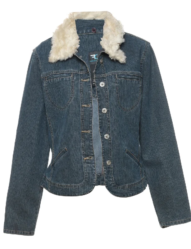 Medium Wash Faux Fur Collar Denim Jacket - L