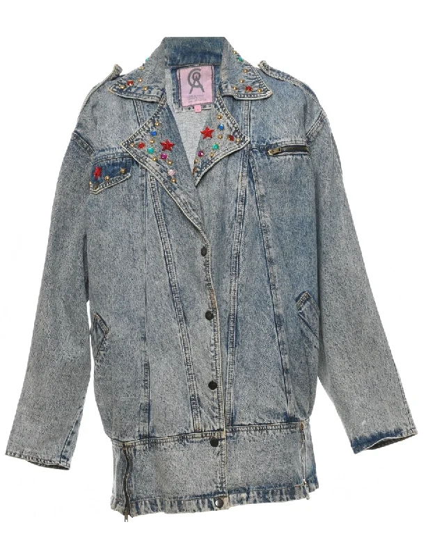 Studded Light Wash 1980s Acid Wash Denim Jacket - L