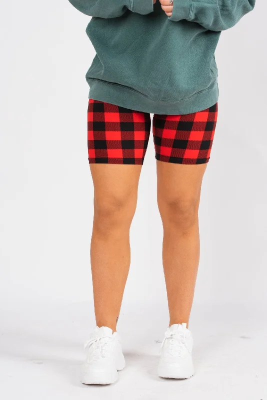 Gingham printed plus size biker shorts red/black