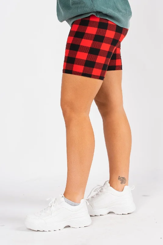 Gingham printed plus size biker shorts red/black