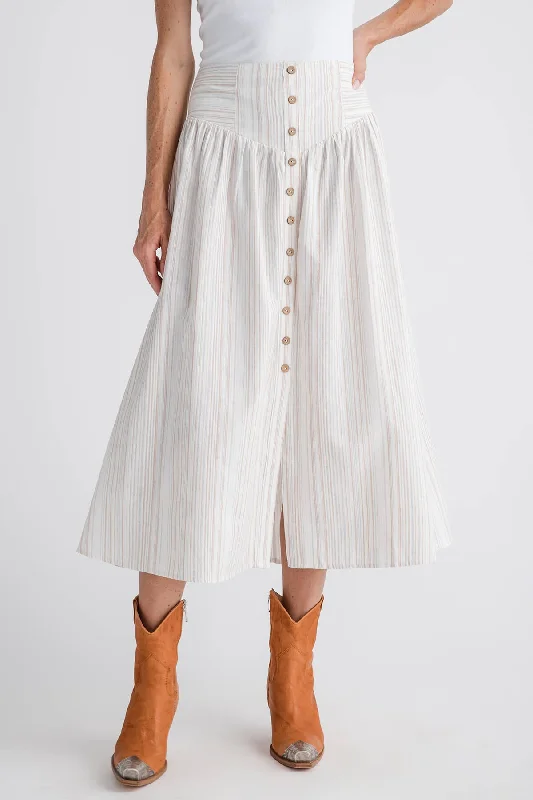 Hem & Thread Button Front Striped Midi Skirt