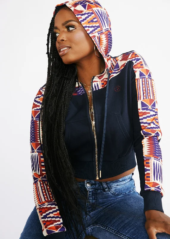 Mojuta Women's African Print Color-Blocked Zip-Up Hoodie (Navy/Cream Maroon Kente) - Clearance