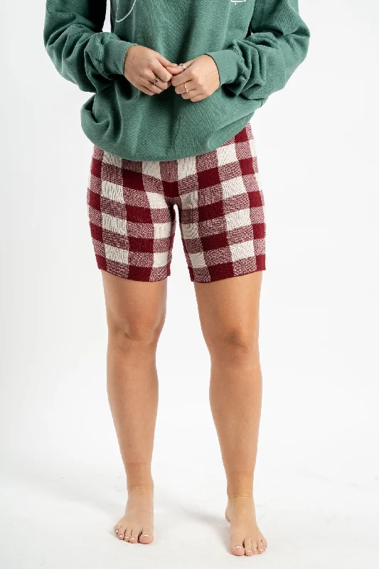 Plaid knit biker shorts merlot