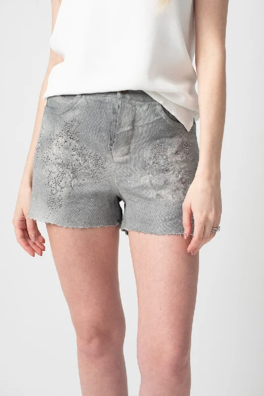 Stitch Linen Short with Destruction and Studs in Marmo