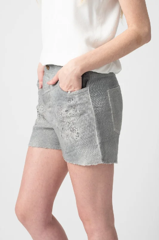 Stitch Linen Short with Destruction and Studs in Marmo