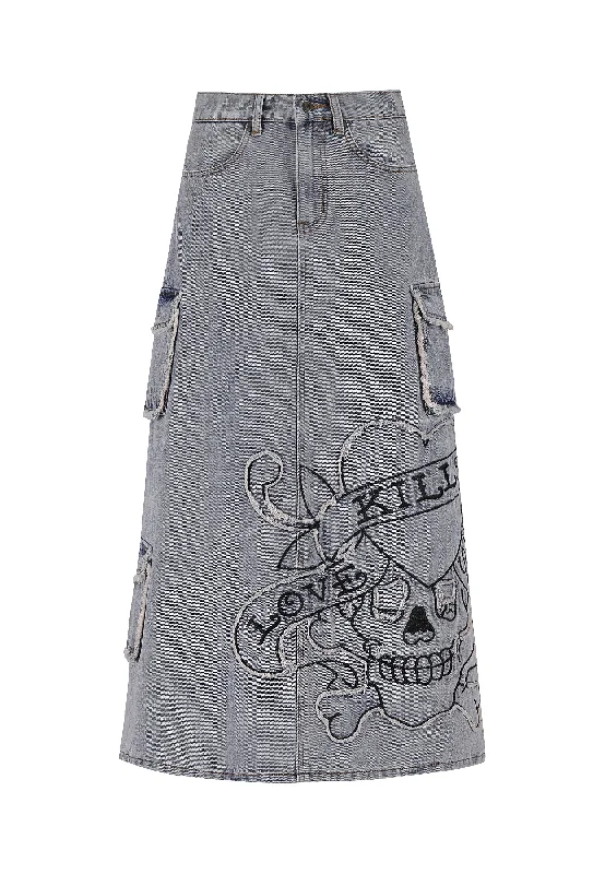 Womens Raw Edge Lks Denim Maxi Skirt - Bleach